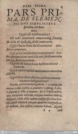 Pars Prima, de Elementis sive simplicibus specibus Arithmetices.