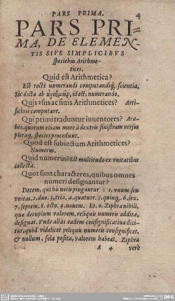 Pars Prima, de Elementis sive simplicibus specibus Arithmetices.