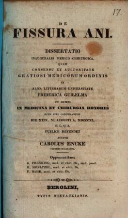 De fissura ani : Diss. inaug. med. chir.