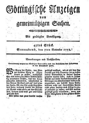 45tes Stück. Sonnabend, den 7ten November 1778.