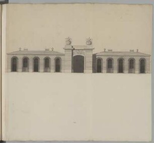 Wesel, Stadttor mit Wachhäusern, Entwurf, Aufriss Stadtseite : Wesel, Stadttor mit Wachhäusern, Entwurf, Aufrisse der Stadtseite, Jean de Bodt, 1. Hälfte 18. Jh. Feder, Pinsel in Wasserfarbe/Papier. 44,2 x 46,8 cm. Bez.: "autre facade de meme Corps de Gardes. D." (Tinte, Blattrückseite).
