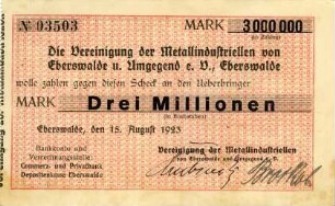 Vereinigung der Metallindustriellen von Eberswalde und Umgebung e.V.: 3 Millionen Mark 1923