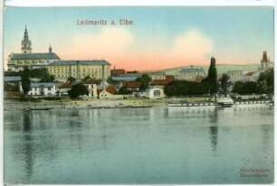 Leitmeritz. Blick über die Elbe mit Dampfer "Schandau" zum Burgberg mit Dom