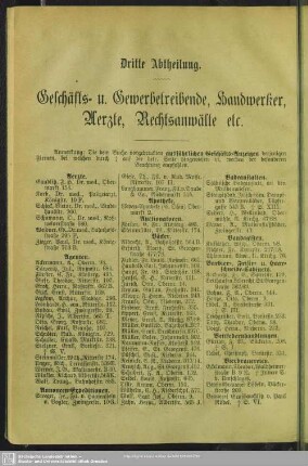Dritte Abtheilung. Berufsklassen und Gewerbebetriebe : Dritte Abtheilung. Geschäfts- u. Gewerbetreibende, Handwerker, Aerzte, Rechtsanwälte etc.