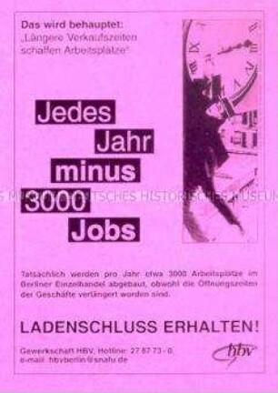 Vordruck einer Beitrittserklärung (blanko) der Gewerkschaft Handel, Banken und Versicherungen mit Polemik gegen die geplante Änderung des Ladenschlussgesetzes
