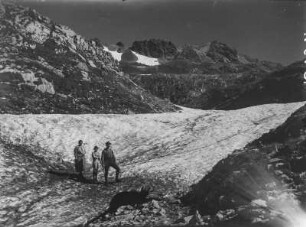 Schneefeld am Nebelhorn : Drei Wanderer auf einem Schneefeld am Nebelhorn.