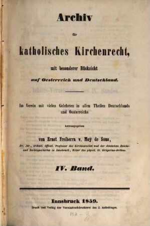 Archiv für katholisches Kirchenrecht : AfkKR ; mit besonderer Berücksichtigung der Länder deutscher Sprache. 4, 4. 1859