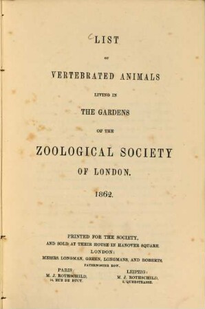 List of vertebrated animals living in the gardens of the Zooligical Society of London. 1862