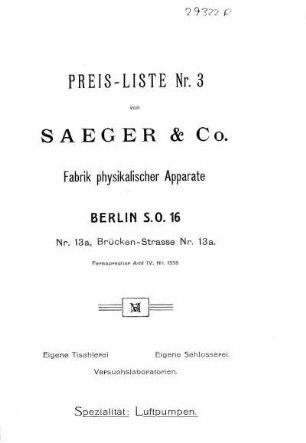 Preis-Liste Nr. 3: Fabrik physikalischer Apparate