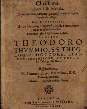 Christiana Querela & Medela Super annonae caritate, quae nostra haec tempora graviter affligit : Ubi Ostenditur, Unde Ortum, progressum, & remediumcapiat annonae incendium