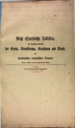 Acht Statistische Tabellen, zur bequemen Uebersicht der Größe, Bevölkerung, Reichthum und Macht, der vornehmsten europäischen Staaten