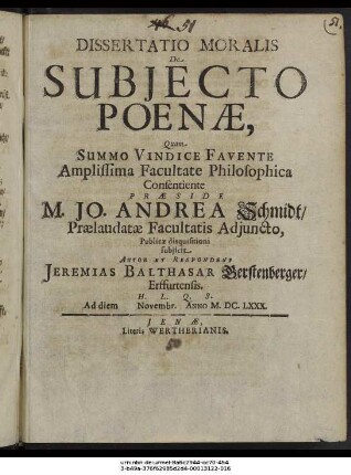 Dissertatio Moralis De Subiecto Poenae