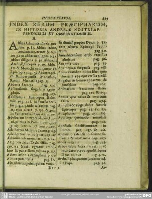 Index Rerum Praecipuarum, In Historia Andreae Nostri Appendicibus Et Onservationibus