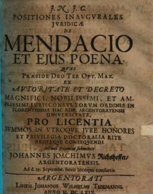 Positiones Inavgvrales Jvridicæ De Mendacio Et Ejus Poena