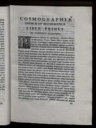 Cosmographiae Physicae Mathematcae. Liber Primus. De Systemate Planetario.