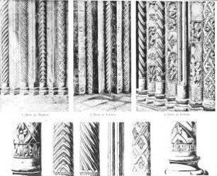 Königslutter am Elm, Stiftskirche, St. Peter und Paul, Säulenprofile; Vergleichsbeispiele aus den Domen in Modena, Ferrara, Verona