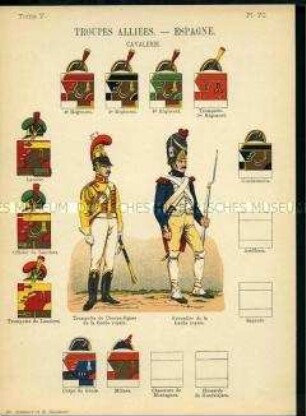 Uniformdarstellung, Chevauleger-Trompeter und Grenadier der Königlichen Garde, Detailstudien von Kopfbedeckungen und Abzeichen der Alliierten Regimenter des Königreichs Spanien, Frankreich, 1808/1813.