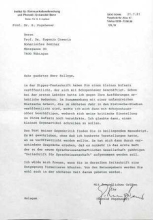 Ungeheuer vs. Coseriu: Auseinandersetzung um Schopenhauer : Briefwechsel; Aufsatz