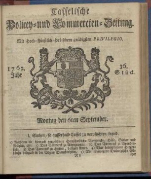 36. Stueck, Montag den 6ten September 1762