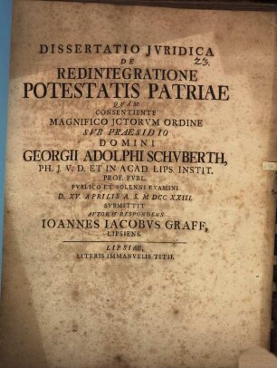 Dissertatio Jvridica De Redintegratione Potestatis Patriae