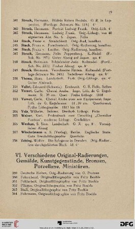 VI. Verschiedene Original-Radierungen, Gemälde, Kunstgegenstände, Bronzen, Porzellane, Miniatüren (Nr. 359-405)