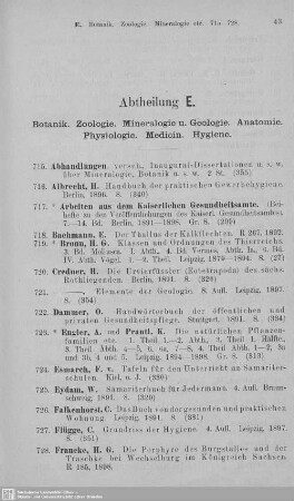 Abt. E. Botanik. Zoologie. Mineralogie u. Geologie. Anatomie. Physiologie. Medicin. Hygiene