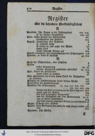 Register über die besondern Merkwürdigkeiten.