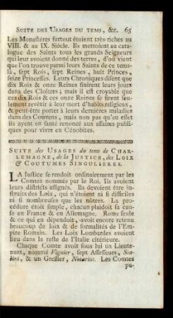 Suite des Usages du tems de Charlemagne, de la Justice, des Loix & Coutumes Singulieres.