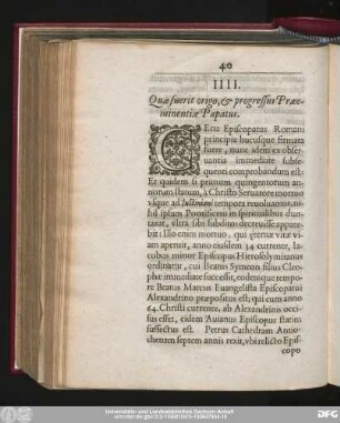 [Cap.] IIII. Quae fuerit origo, & progressus Praeminentiae Papatus.