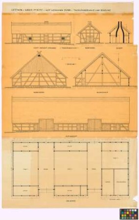 Lettnin (Kreis Pyritz): Hof Hermann Dürr. - Tagelöhnerhaus (West-Straßen-Seiten-Ansicht, Nord-Giebel-Ansicht, Querschnitt). - Scheune (Nord-Giebel-Ansicht, Querschnitt, Hof-Seiten-Ansicht, Grundriss)