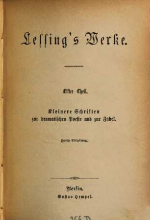 Lessing's Werke, 11,2. Kleinere Schriften zur dramatischen Poesie und Fabel