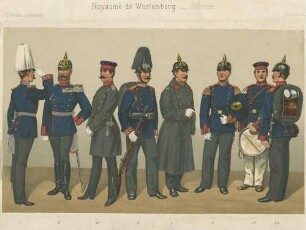 Acht Soldaten (unter ihnen zwei Spielleute: Trompeter und Tambour) in Uniform, teils Mütze, Pickelhaube oder Zierhelm, je einer aus den Infanterie-Regimentern Nr. 119 bis 126