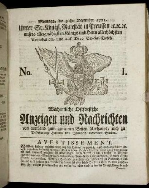 No. 1. Montags, den 30sten December 1771.