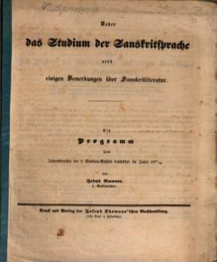 Über das Studium der Sanskritsprache : nebst einigen Bemerkungen über Sanskritliteratur