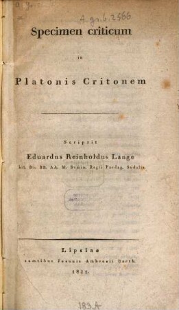 Specimen criticum in Platonis Critonem