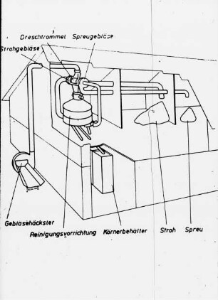Schemazeichnung: Ernteverfahren, Getreide, Feldhäcksler, Dreschmaschine