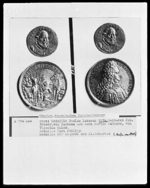 oben: Paulus Luterus, Leibarzt Joh. Friedr. von Sachsen und Sohn Martin Luthers, Medaille Carl Philipp, Medaille mit der Legende des hl. Hubertus