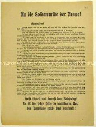 Aufruf an die Soldatenräte der deutschen Armee zur Einberufung des Reichstags im Zuge der Novemberrevolution 1918