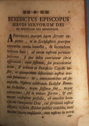 Sanctissimi In Christo Patris Et Domini Nostri Domini Benedicti Papae XIV. Constitutio Super Praecedentiae Ordine Servando Inter Abbatem Generalem, Aliosque Abbates Et Canonicos Regulares Congregationis Lateranensis, Et Abbatem Generalem, Caeterosque Abbates Et Monachos Ordinis Et Congregationis Sancti Basilii Magni
