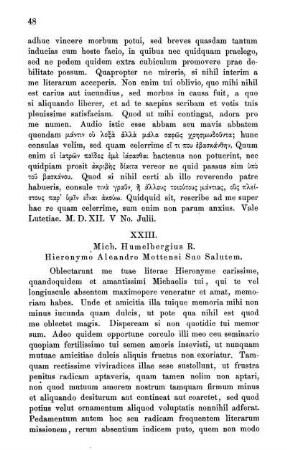 XXIII. Mich. Humelbergius R. Hieronymo Aleandro Mottensi Suo Salutem.