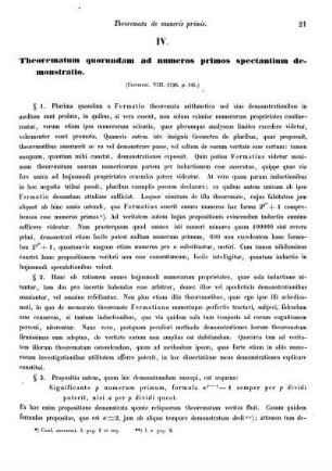 IV. Theorematum quarundam ad numeros primos spectantium demonstratio.