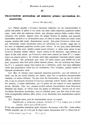 IV. Theorematum quarundam ad numeros primos spectantium demonstratio.