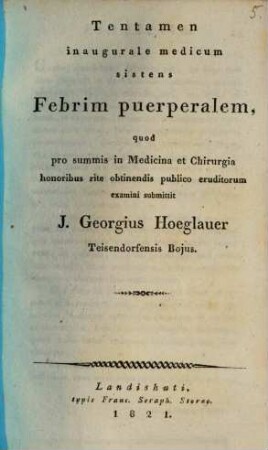 Tentamen inaugurale medicum sistens febrim puerperalem