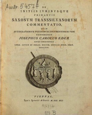 De Initiis Ivribvsqve Primaevis Saxonvm Transsilvanorvm Commentatio