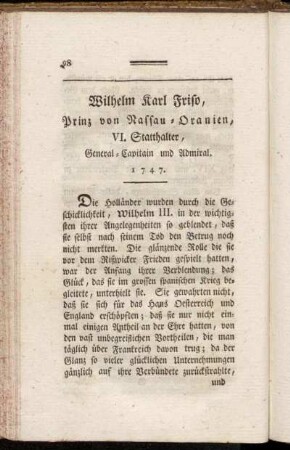 Wilhelm Karl Friso, Prinz von Nassau-Oranien, VI. Statthalter, General-Capitain und Admiral. 1747.