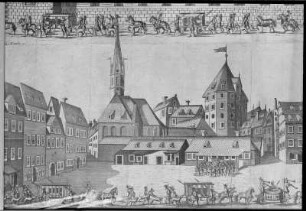 Dresden: Stadtansicht. An der alten Frauenkirche um 1680 (mit alter Fauenkirche und Pulverturm)