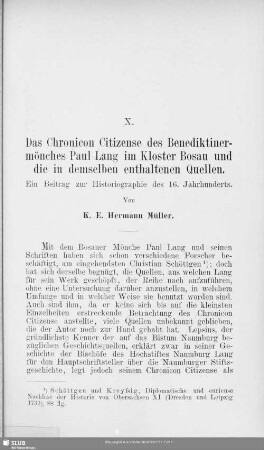 X. Das Chronicon Citizense des Benediktinermönches Paul Lang im Kloster Bosau und die in demselben enthaltenen Quellen : Ein Beitrag zur Historiographie des 16. Jahrhunderts