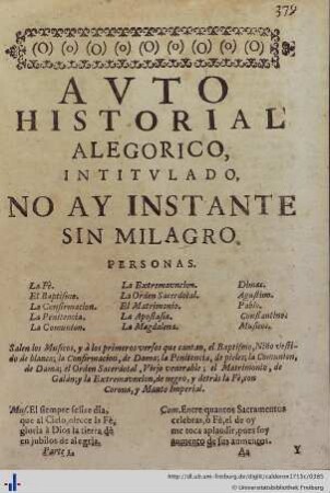 Auto Sacramental Alegorico No ay Instante sin Milagro.