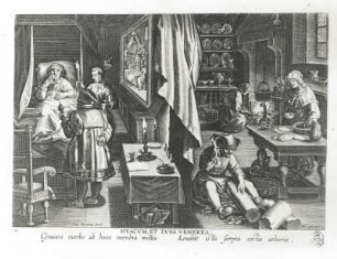Die Behandlung der Syphilis : Philipp Galle (1537-1612) nach Jan van der Straet (1523-1605). Die Behandlung der Syphilis. Kupferstich, 22,4 x 28,8 cm