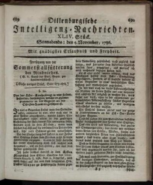 XLIV. Stück. Sonnabends: den 4. November, 1786.